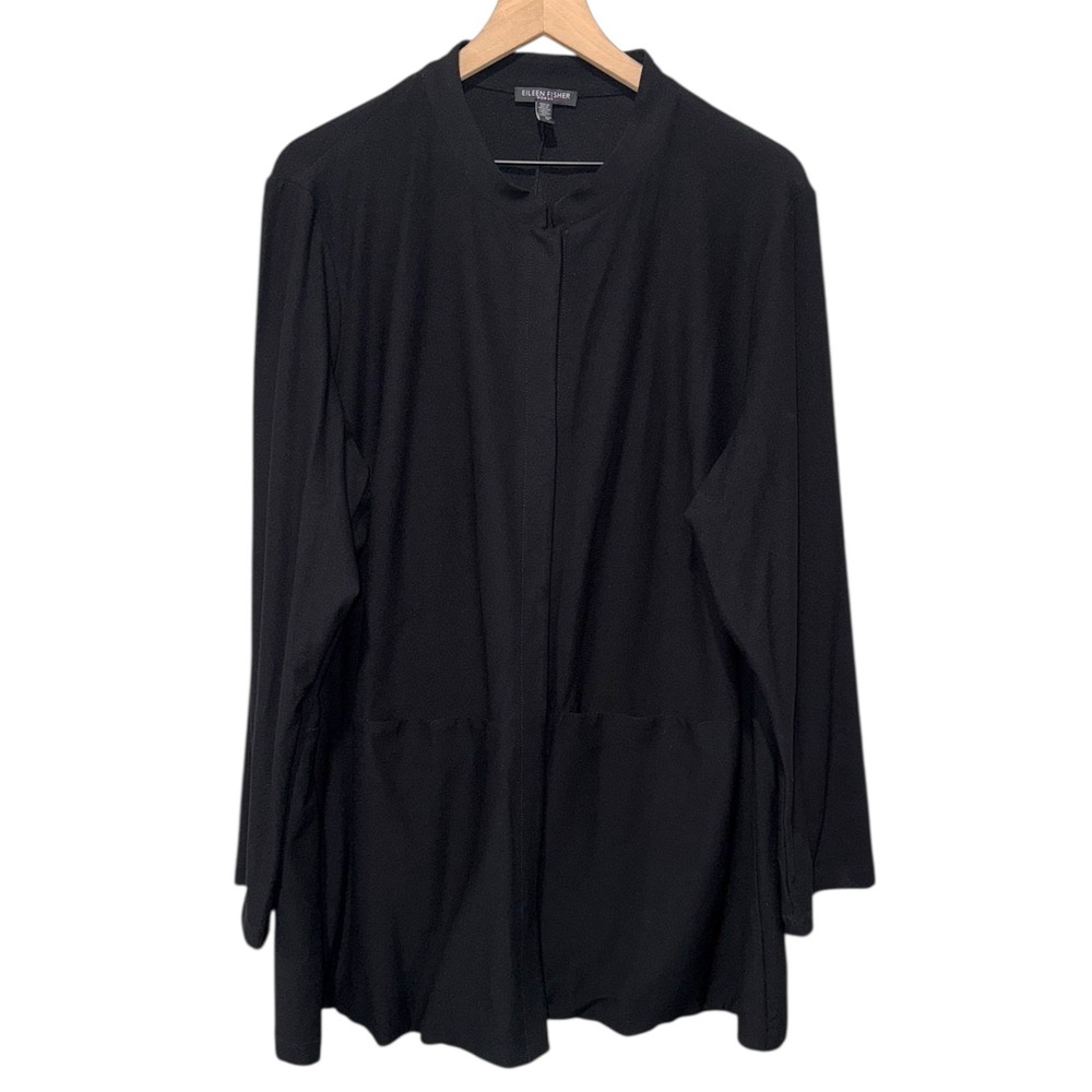 Eileen Fisher Viscose Crepe Snap Mandarin Collar Jacket Women 1X Black Stretch